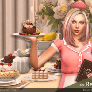 Serveuse dans un restaurant du jeu Sims 4 présentant des desserts variés