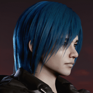 Personnage des Sims 4 avec cheveux bleus courts et veste noire