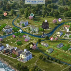 Vue aérienne des maisons disponibles dans *Les Sims 4* pour s'installer.