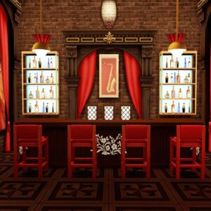 Bar à vin élégant dans *Les Sims 4*, style vintage avec comptoir et bouteilles.