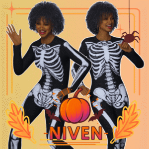 Deux personnages Sims 4 en costumes squelettiques pour Halloween avec citrouille et crabes