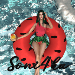 Personnage Sims 4 sur un cercle flottant en forme de bourdon dans une piscine
