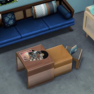 Salon jeu Sims 4 avec canapé, table basse et décor rétro