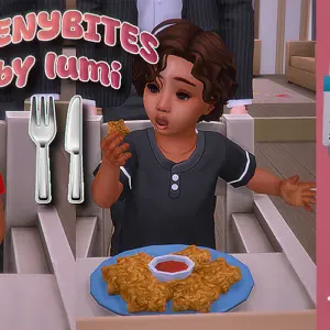 Enfants dans *Les Sims 4* goûtant des plats avec réactions et buffs alimentaires.
