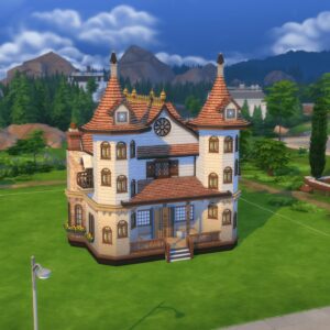 Maison de style victorien dans *Les Sims 4*, vue aérienne.