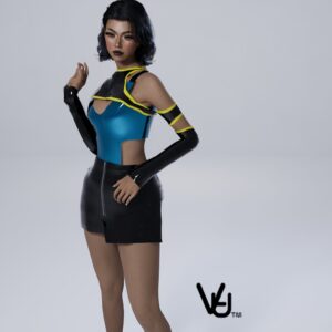 Personnage féminin dans tenue futuriste, jeu *Les Sims 4*