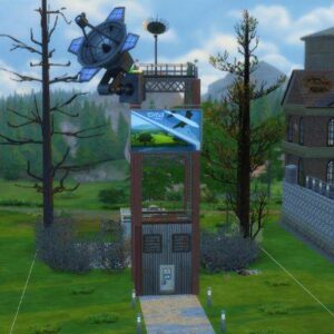 Scène de jeu dans *Les Sims 4* avec maison et ascenseur extérieur