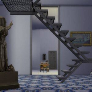 Statue de Sim dans une pièce du jeu *Les Sims 4* avec escalier et décor vintage