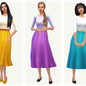 Trois avatars Sims 4 en robes colorées différentes