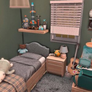 Chambre de jeu du jeu vidéo *Les Sims 4* avec lit, instruments et décorations.