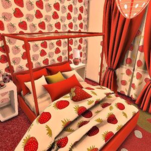 Chambre à thème fraise dans *Les Sims 4* avec lit et décorations.