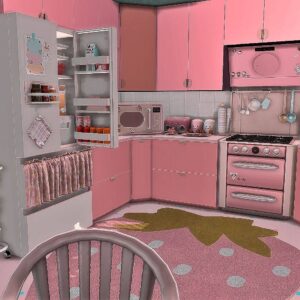 Cuisine rose de jeu *Les Sims 4* avec objets rétro et décor enfantin