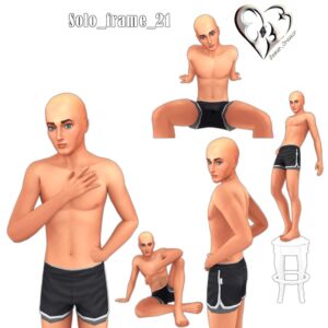 Personnages Sims 4 en différentes poses, vêtements minimalistes