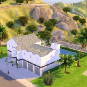 Maison blanche jeu Les Sims 4 avec piscine et montagnes