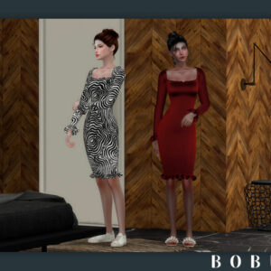 Deux avatars Sims 4 en robes élégantes, jeu vidéo.