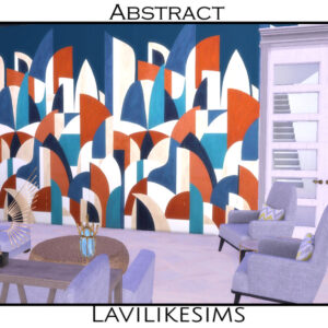 Mur abstrait coloré dans une pièce du jeu *Les Sims 4* avec table et fauteuil.