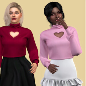 Deux avatars du jeu Sims 4 en turtlenecks à cœur, une robe noire et une jupe blanche.