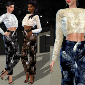 Mannequins du jeu Sims 4 portant des pulls croisés et pantalons à motifs animaux