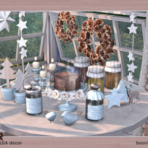 Décor festif *Les Sims 4* avec éléments naturels et objets artisanaux