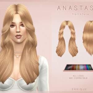 Coiffure Anastasia pour le jeu Sims 4, blonde avec deux vues et palette de couleurs.