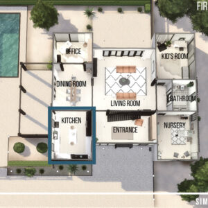 Plans du premier étage d'une maison dans *Les Sims 4* avec salon, cuisine et chambres.