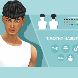 Coiffure 'Timothy' pour homme dans *Les Sims 4* avec 24 couleurs disponibles.