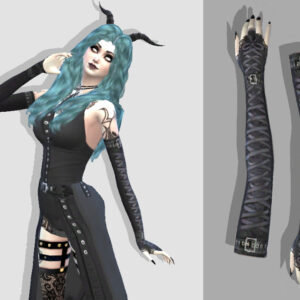 Personnage Sims 4 en tenue gothique steampunk, cheveux bleus et accessoires