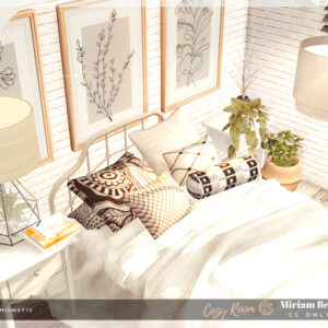 Chambre cosy du jeu *Les Sims 4* avec lit, plantes et décor minimaliste