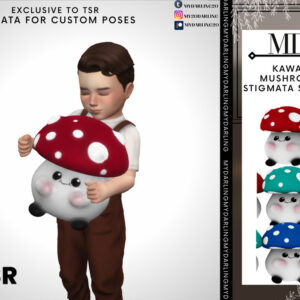 Avatar du jeu Les Sims 4 avec stigmate champignon kawaii assis, pose personnalisée exclusive.