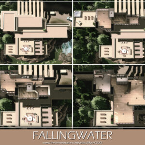 Vue aérienne de la maison Fallingwater dans The Sims 4