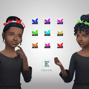 Deux avatars Sims 4 avec accessoires papillons colorés et coiffures différentes