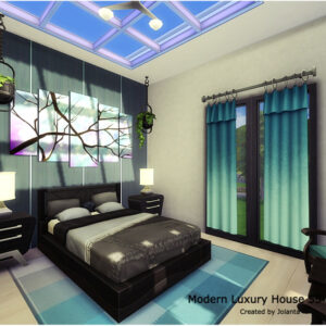 Chambre moderne luxe dans The Sims 4 avec lit central et plantes suspendues