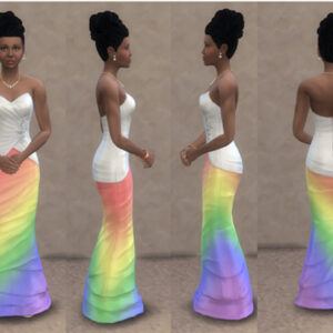 Robe de mariée arc-en-ciel dans *Les Sims 4* vue de face et dos