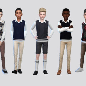 Cinq personnages masculins dans Sims 4, tenues vestimentaires variées