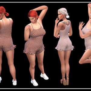 Quatre avatars du jeu Sims 4 en tenues polka dot