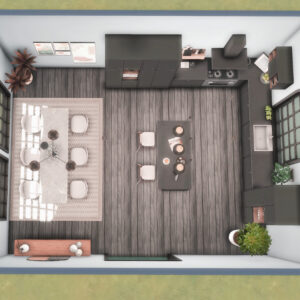 Plan d'étage salon moderne jeu *Les Sims 4* avec décoration