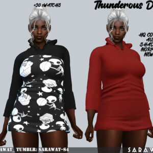 Robe 'Thunderous Dress' pour The Sims 4, deux styles : noir à motifs cosmiques et rouge uni