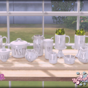 Ensemble de vaisselle thématique du jeu *Les Sims 4* avec plantes.