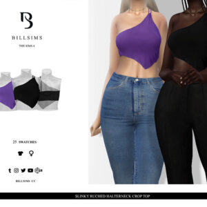 Haut crop halterneck ruché pour Sims 4, couleurs violet et noir
