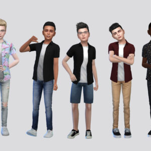 Cinq personnages du jeu Les Sims 4 en tenues variées