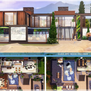 Maison de jeu vidéo The Sims 4 en verre et bois, vue extérieure et intérieure