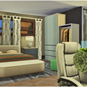 Chambre moderne dans *Les Sims 4* avec lit, armoire et décoration.