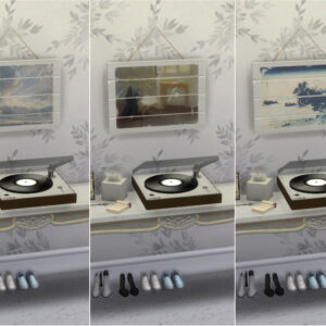 Trois tableaux différents dans une pièce du jeu Les Sims 4 avec un tourne-disques.