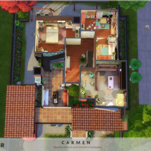 Maison du jeu *Les Sims 4* vue du dessus avec décoration intérieure et extérieur.