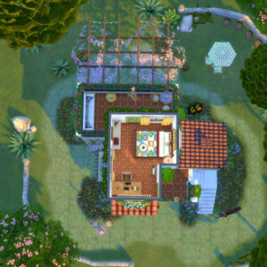 Maison de jeu *Les Sims 4* vue du ciel avec piscine et jardin tropical