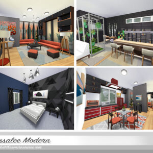 Intérieur moderne du jeu *Les Sims 4* : salon, bureau, chambre et cuisine.
