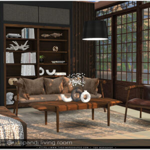 Salon japandi style pour jeu Sims 4 avec canapé et bibliothèque