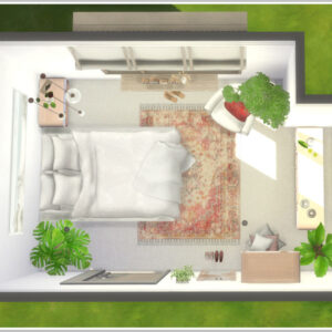 Chambre décorée dans *Les Sims 4* avec lit, plantes et détails cosy