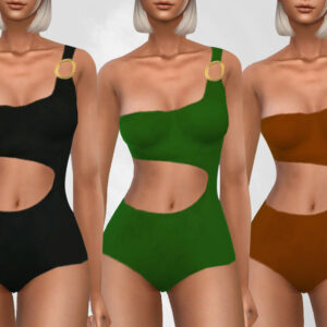 Trois maillots de bain unisexes du jeu *Les Sims 4* en noir, vert et marron.