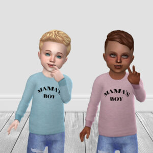 Deux enfants virtuels Sims 4 portant des sweats 'MAMA'S BOY'